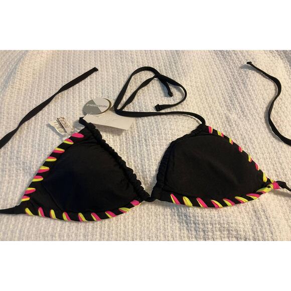 Becca Swim Reversible Triangle Sliding String Halter Bra Sz D Black Multi NWT - Picture 2 of 5